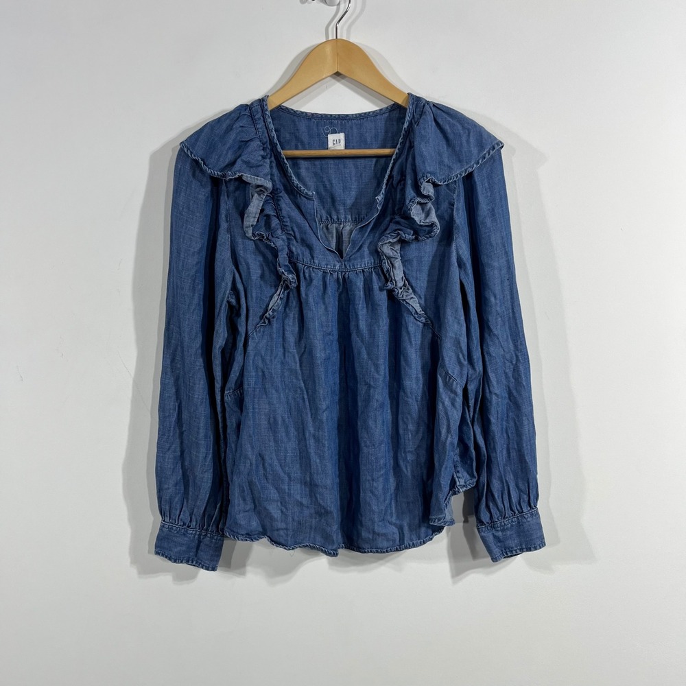 GAP Western Boho Chambray Ruffle V-Neck Long Sleeve Top Womens Large Renfair